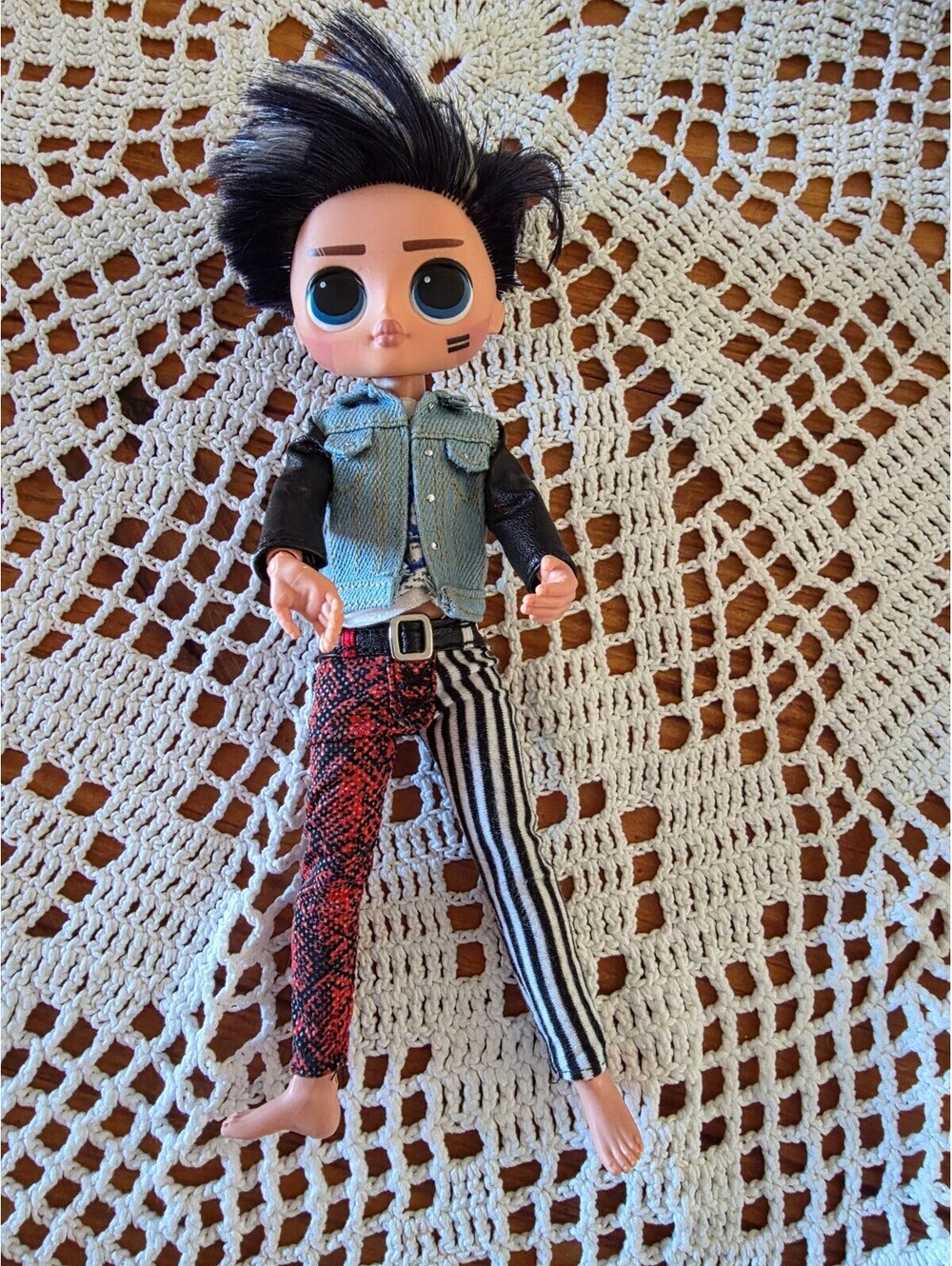 LOL Surprise OMG Punk Boi Doll with Black and White Striped Pants and Denim Vest